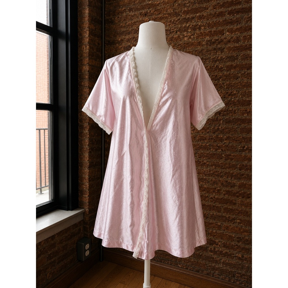 Vintage Pink Satin Polka Dot Lace Trim Short Robe Retro Coquette  Medium